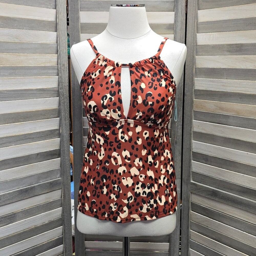 Leopard Print High Neck Keyhole Tankini Top | Kona Sol | Medium (8/10)